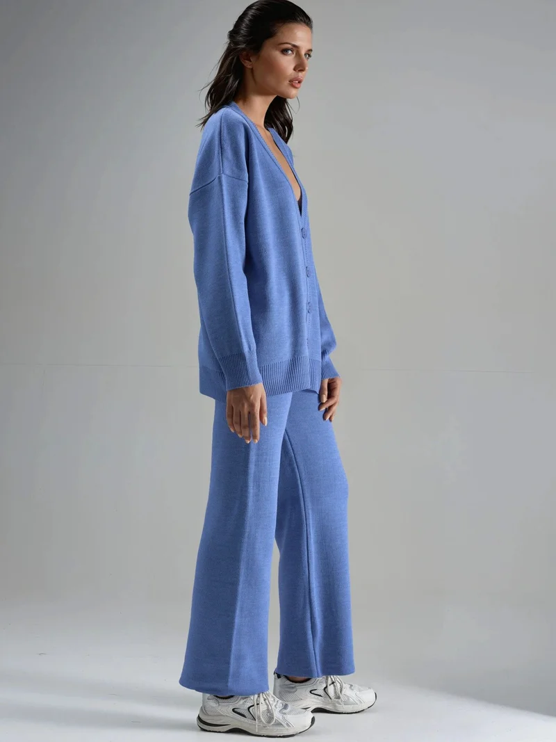 MY FASHION Baby Blue MY FASHION V-Neck Cardigan and Wide Leg Pants Knitwear Set for Women | Best Price UAE